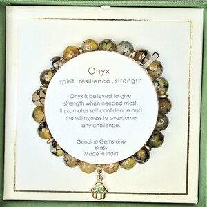 Onyx Multicolor Gemstone Bracelet with Gold Hamsa Charm